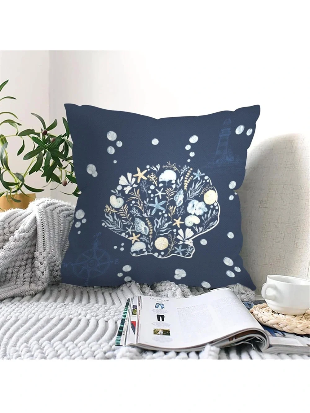 Summer Blue Nautical Throw Pillow Covers 18x18 Inch Set of 2 shell sea horse